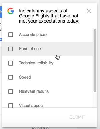 Google Flights survey: Indicate any aspects of Google Flights that have not met your expectations today