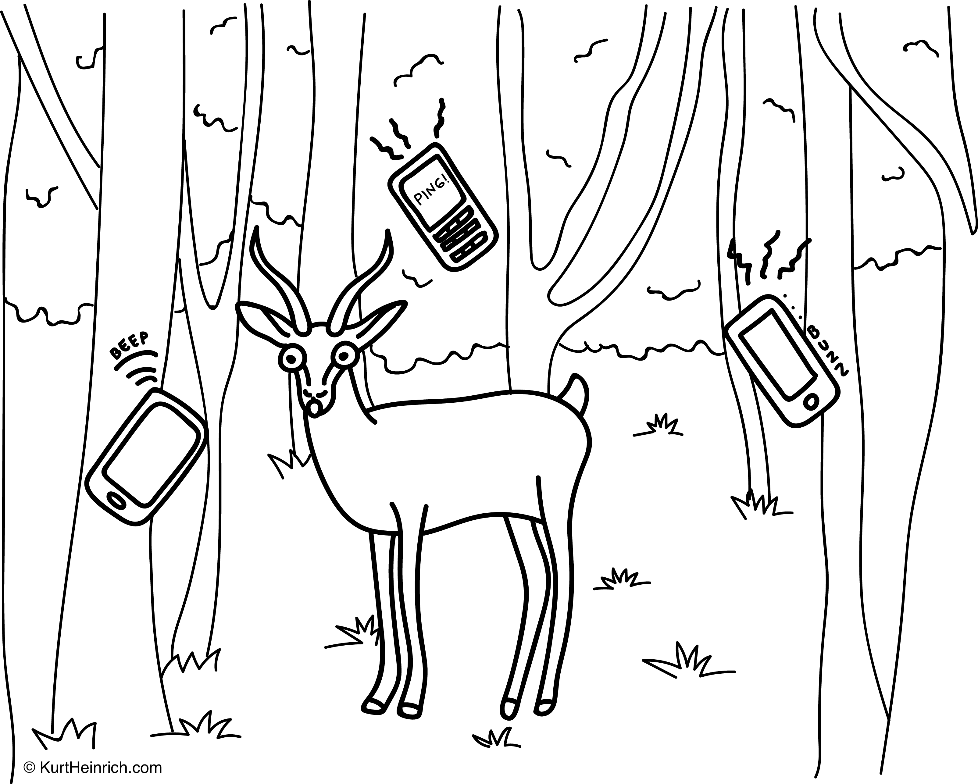 A wide-eyed gazelle in a forest, surrounded by phones going beep, ping and buzz